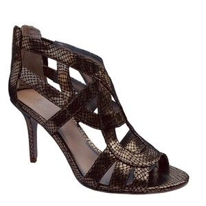 Marc Fisher 7 Strap Snakeskin Open Toe Heels Bronze Brown Zip Back Sexy Bootie